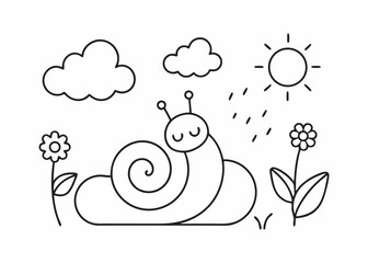 Snail Flower Sun Cloud Rain Coloring Page for Kids  Line Art Outline Vector Illustration
