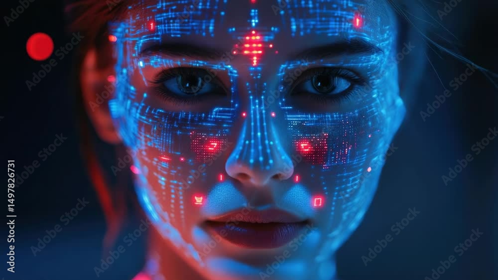 Poster a detailed view of a person with advanced technology features on their face