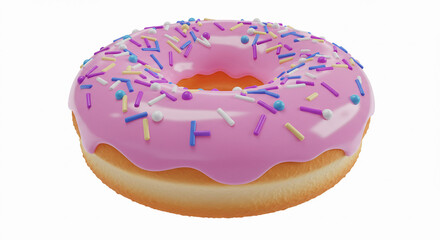 Donut with pink icing and rainbow sprinkles, isolated on white background