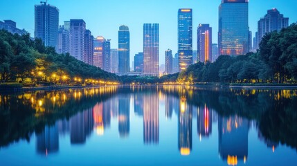 Obraz premium City skyline reflecting in water, modern buildings, tranquil urban landscape