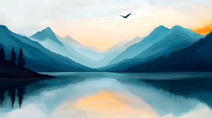 Serene mountain lake at sunset with reflection