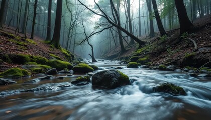 Tranquil forest stream flowing through a dense woodland