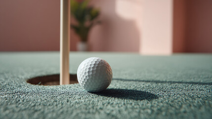 A golf ball sits near the hole on a putting green, with a flagstick and a blurred background.