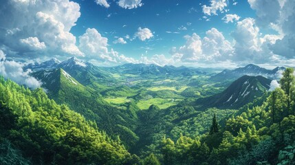 Fototapeta premium Majestic Mountain Valley Panorama: A Breathtaking View of Lush Green Landscape Under a Summer Sky
