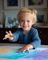 Toddler joyfully finger painting on white paper, bright colors