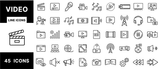 Video Line Icons Set – Film Clapperboards, Cameras, Play Buttons, Streaming, Editing, Audio, Media Files, and Broadcast Symbols for Video Production Design