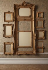Assortment of vintage frames on damask backdrop  ,  photo,  damask background,  art