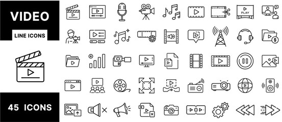 Video Line Icons Set – Film Clapperboards, Cameras, Play Buttons, Streaming, Editing, Audio, Media Files, and Broadcast Symbols for Video Production Design