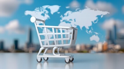 Global shopping cart over urban skyline