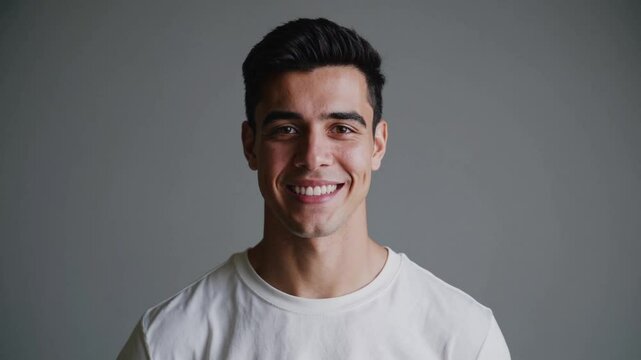 Portrait of smiling young man in white t-shirt looking at camera, isolated on gray background