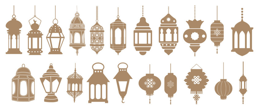 Arabic traditional islamic eastern lanterns garland. Muslim ornamental hanging golden lanterns, lamps vector illustration.
