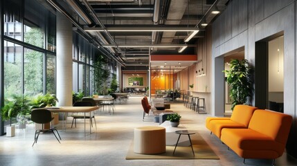 Bright, modern open office with plants, furniture, and collaborative spaces.