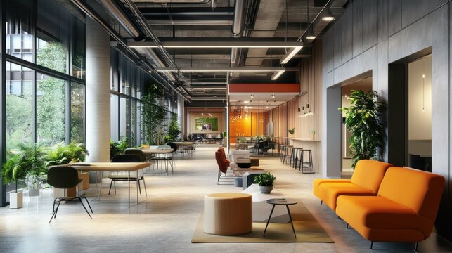 Bright, modern open office with plants, furniture, and collaborative spaces.