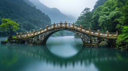 Majestic stone arch bridge over tranquil lake, surrounded by misty mountains and lush greenery
