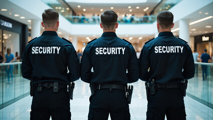 Three security guards standing in a mall