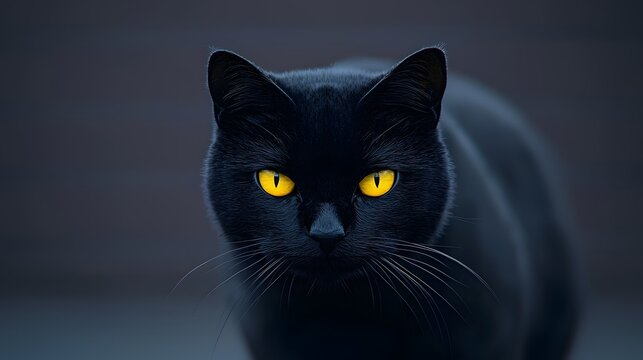 A mysterious black cat with glowing yellow eyes stares intently  long title A captivating close up