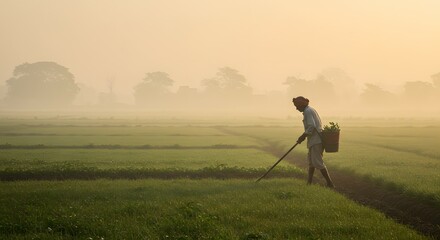 Solitary Farmer Working in Misty Sunrise Rural Life and Agriculture in the Paddy Fields