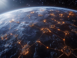Aerial View of Earth at Night with Illuminated Cities
