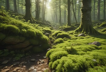 Sun-dappled forest floor with lush green moss,  canopy,  woodland,  summer