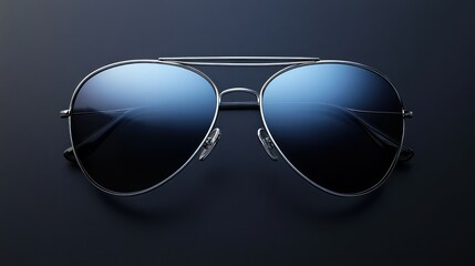A stylish pair of blue aviator sunglasses with silver frames on a dark surface