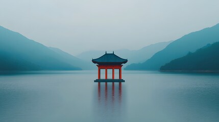 Fototapeta premium Serene red pagoda floating on a misty mountain lake