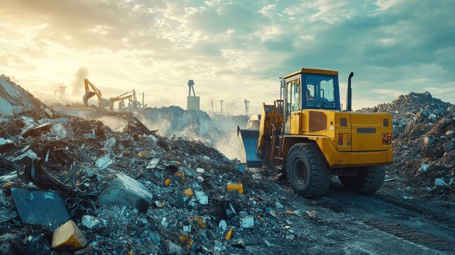 Landfill site, bulldozer working, heavy machinery, industrial site at sunset - Powered by Adobe