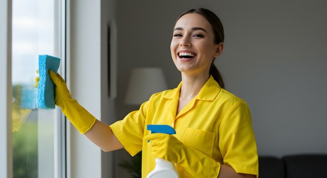 Happy House Cleaner Cleaning Windows, Sparkling Clean Home, Professional Cleaning Services, Maid Service, Window Cleaning Tips