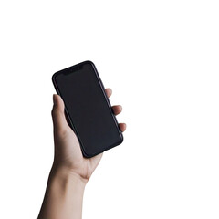 A person's hand holding a black smartphone with a blank screen against a black background in studio shot