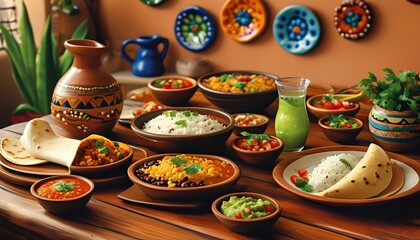 A cozy, realistic scene of a Mexican family dinner at home. A large wooden dining table is filled with traditional dishes: enchiladas, rice and beans, tamales wrapped in corn husks