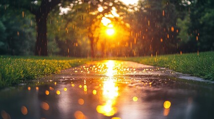 Golden rain on a park path