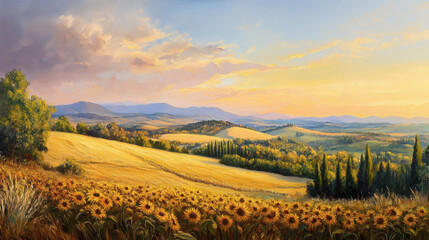 Obraz premium Stunning oil painting depicting a vibrant sunflower field.
