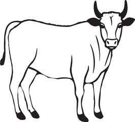Minimal cow illustration in a grassy field, captured in black and white, suitable for farm, livestock, and agricultural design.