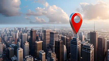 Aerial view of a bustling city skyline with a location marker