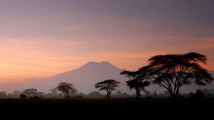 breathtaking view of mount kilimanjaro at sunset with sky painted in warm hues of orange and pink