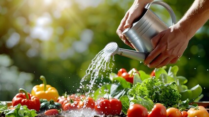 Watering fresh garden vegetables