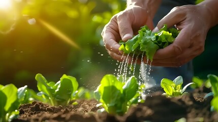 Hands caring for freshly harvested leafy greens in the garden
