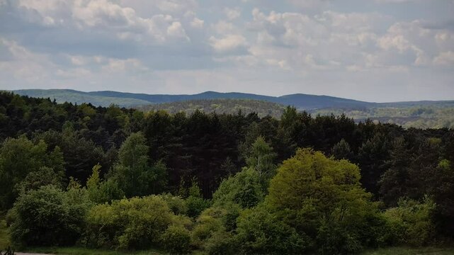Panorama G&oacute;r Świętokrzyskich &ndash; widok na leśny krajobraz i pasmo g&oacute;rskie pod pochmurnym niebem