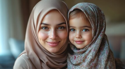 Muslim mother and daughter portrait indoors