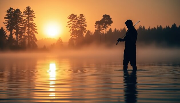 Silhouette of a violinist standing in a misty lake at sunrise