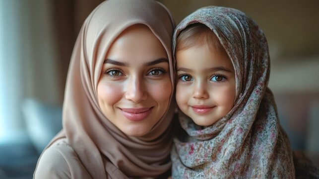 Muslim mother and daughter portrait indoors