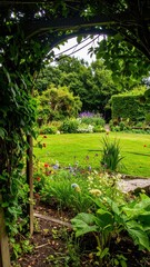Serene Hidden Garden with Lush Greenery and Blooming Flowers