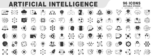 Big set of AI related black line icons. Editable stroke