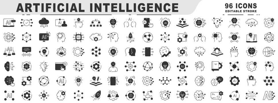 Big set of AI related black line icons. Editable stroke