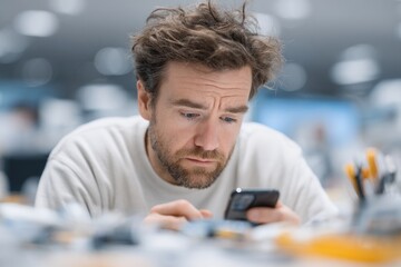 man with worried expression checks his phone amidst cluttered wo