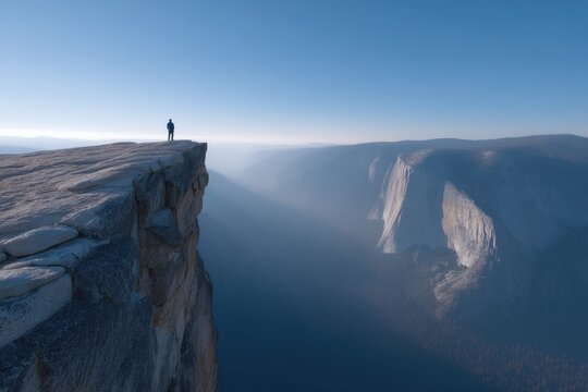 Lonely figure stands on rocky cliff, surrounded by breathtaking
