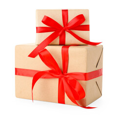 Two gift boxes wrapped in kraft paper isolated on white