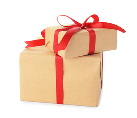 Two gift boxes wrapped in kraft paper isolated on white