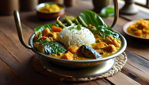 A realistic image of an Assamese thali served on traditional bell metal utensils, featuring steamed rice, masor tenga (sour fish curry), khar, dal, and green leafy sabzi. 