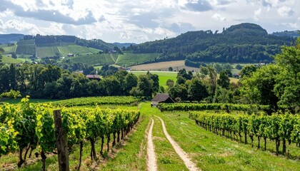 Naklejka premium Serene European Countryside with Rolling Hills and Vineyards
