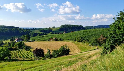 Serene European Countryside with Rolling Hills and Vineyards